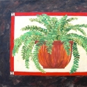 Floorcloth, Potted Fern in Tall Pot - Tall terracotta pot with full fern. Dark black/brown boarder with red trim. 34x26